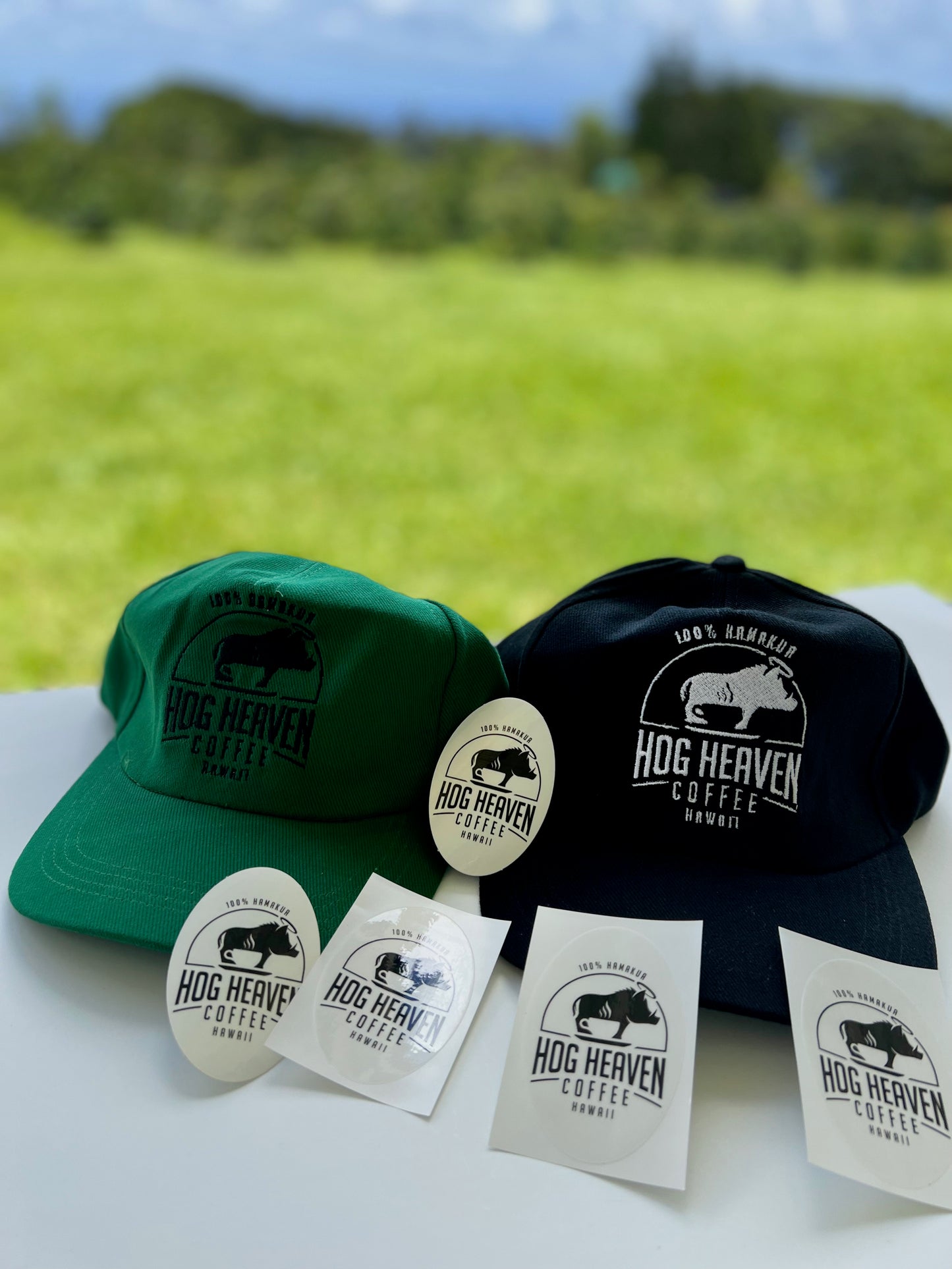hog heaven coffee hats and stickers together